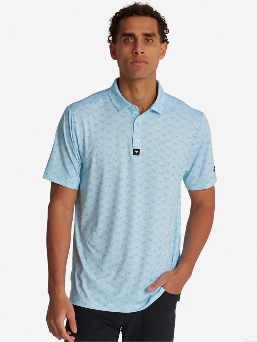 Men’s Bad Birdie LIL' MINGOS Blue Flamingo Print Golf Performance Polo Shirt